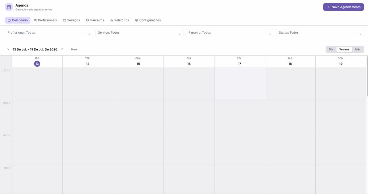 Agenda semanal do Start Chat com filtros por profissional, serviço e parceiro