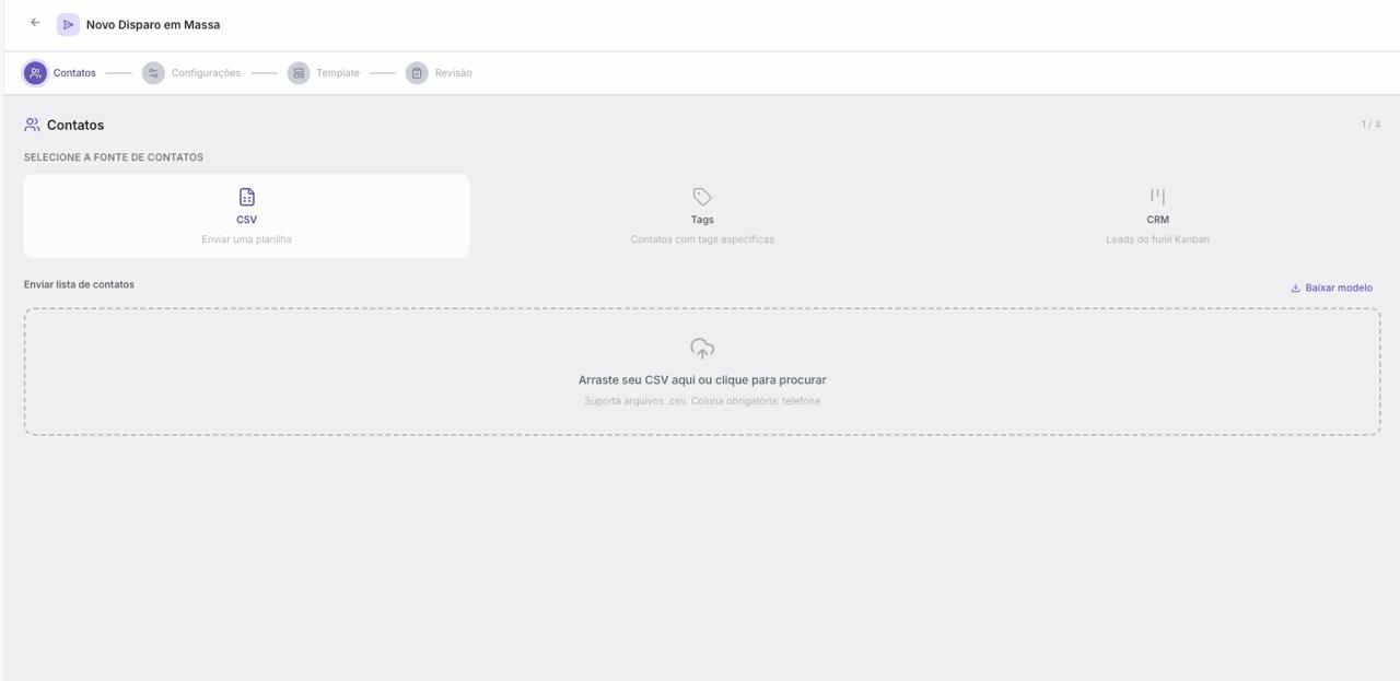 Primeiro passo do disparo em massa no Start Chat: escolha dos contatos por planilha, tags ou funil de vendas