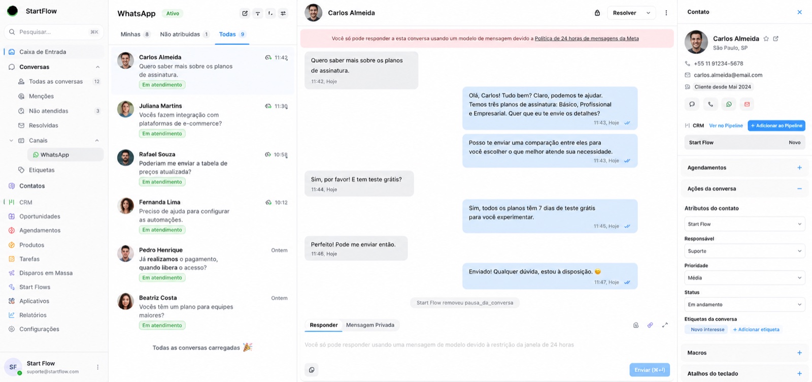 Tela do Start Chat: caixa de entrada com conversas de WhatsApp, chat aberto e painel do contato com CRM e agendamentos