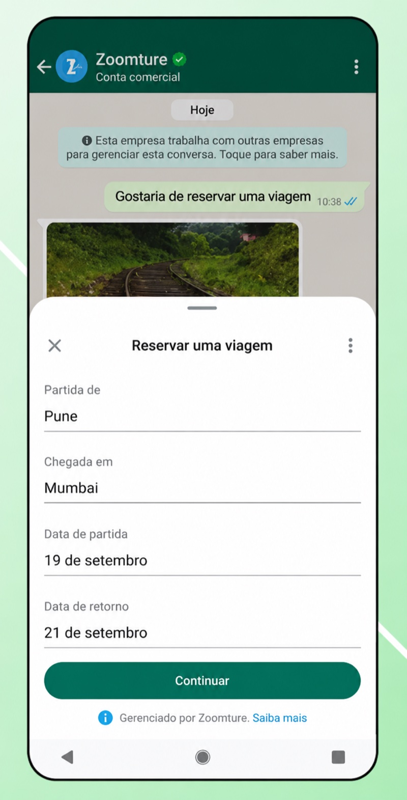 Formulário nativo do WhatsApp aberto dentro da conversa, com campos de partida, chegada e datas e botão de continuar