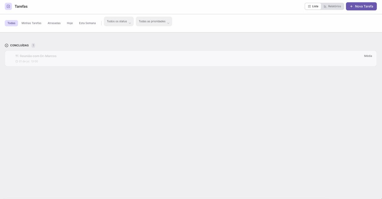 Lista de tarefas do Start Chat com filtros de status e prioridade e tarefa concluída